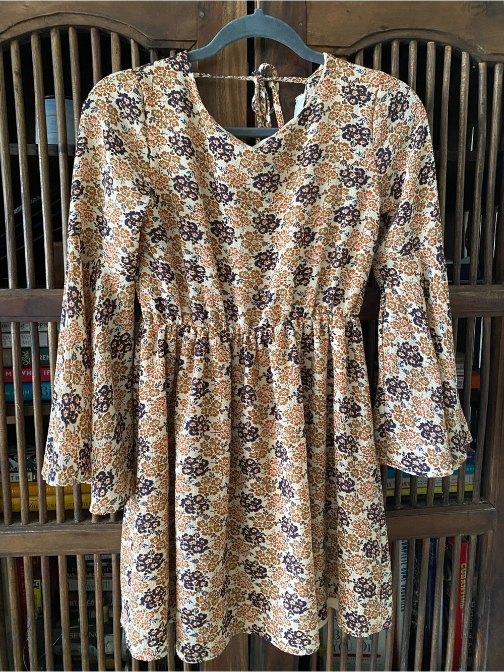 Like-New Altar’d State Floral Long-Sleeve Dress in Cream and Brown Size Small